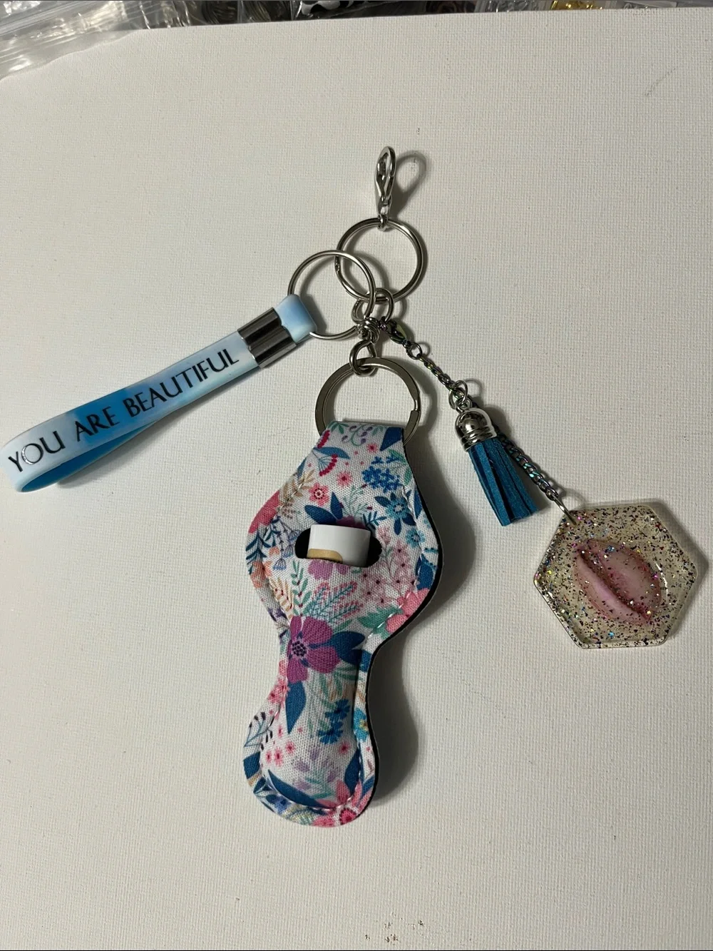 Floral Blue Lip Balm Detachable Keychain You Are Beautiful Wristlet 2 pr Earring